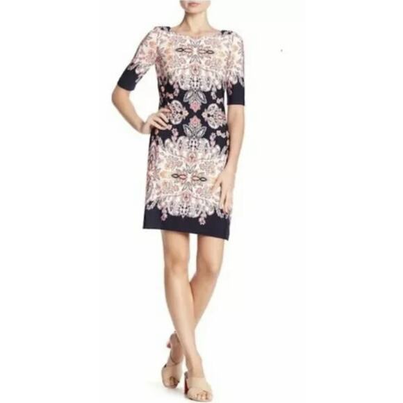 Eliza J Pink Navy Floral Paisley Shift Dress Size 0 Short Sleeve Classic Refined - Picture 1 of 6